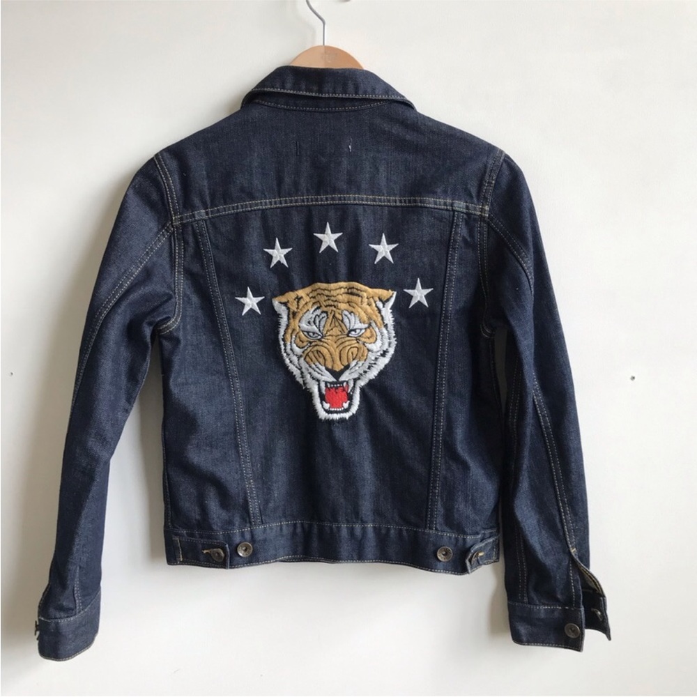 Sandro Dark Blue Jean Jacket with Tiger Embroidery